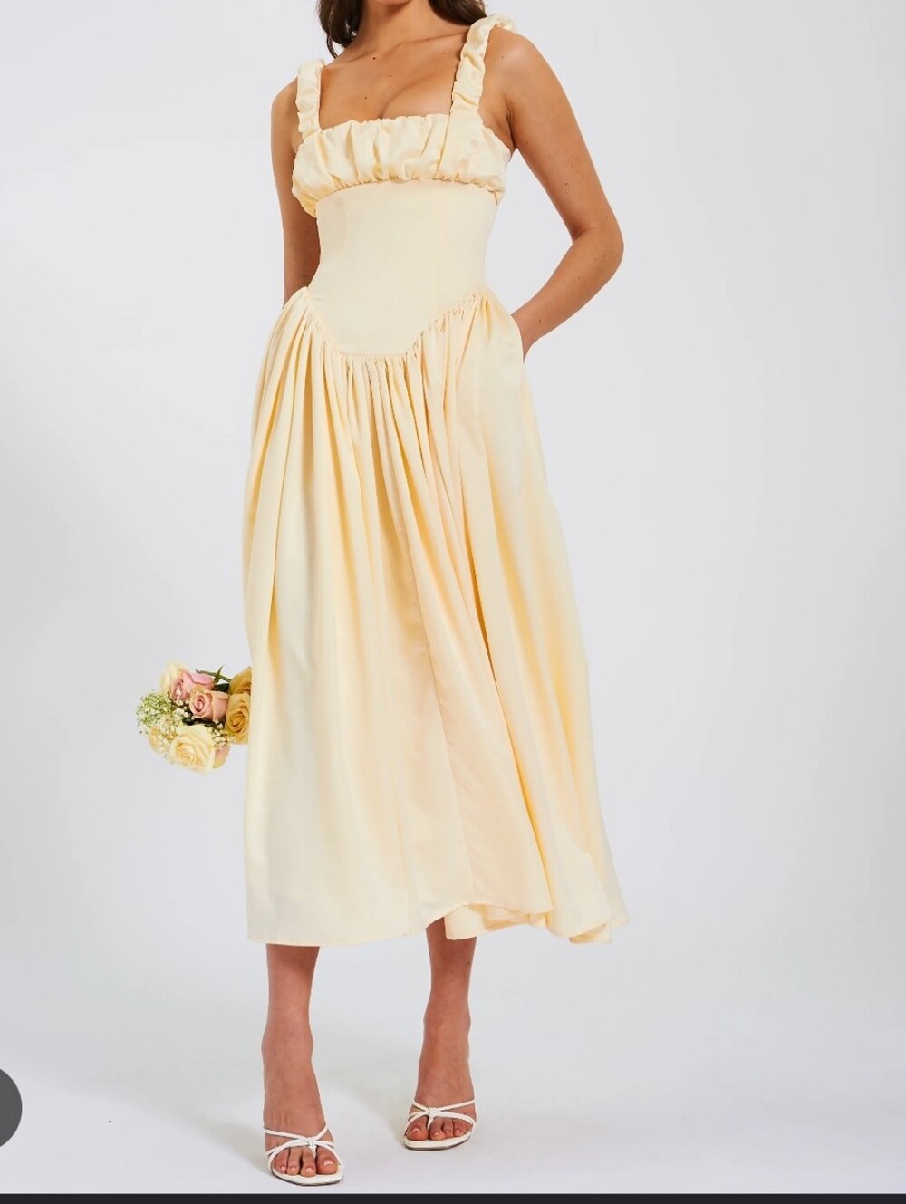 #825 Noreen Egg White Satin Drop Waist Maxi Sundress L
